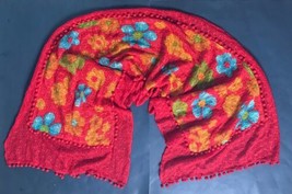 Funky Boho Groovy Vibrant Flower Power Shawl Scarf w Pompom Trim Seventies Vibes - £13.32 GBP