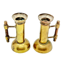 Aesthetic Movement Brass Candlesticks Ch Dresser Style Wood - £79.60 GBP