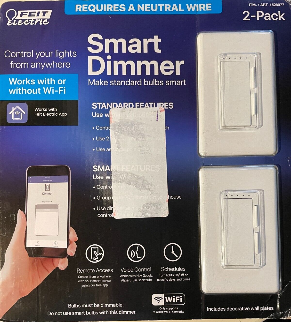 2 Pack Feit Electric Wi-Fi Smart Dimmer Switch Works with Google Assistant Alexa