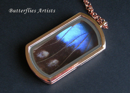Real Butterfly Wing Rectangle Dog Tag Necklace Keychain Jewelry Morpho Theseus  - £47.95 GBP