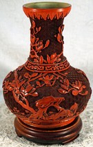Cinnabar Vase Tree Flowers and Birds in High Relief with Wooden Stand - $49.99