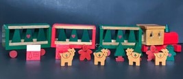 Rustic Festive Holiday Red Green Wood Train Set w House Cow People Tree Figures - £19.10 GBP