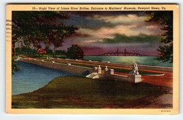 Night View James River Bridge Postcard Newport News Virginia Linen Vintage 1943 - £8.81 GBP