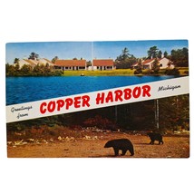 Postcard Greetings From Copper Harbor Michigan Black Bears Chrome Unposted - £5.67 GBP