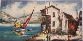 Rare Unsigned Haitian Art Caribbean Scenic Harbor Hillside Large Painting Haiti - £354.32 GBP