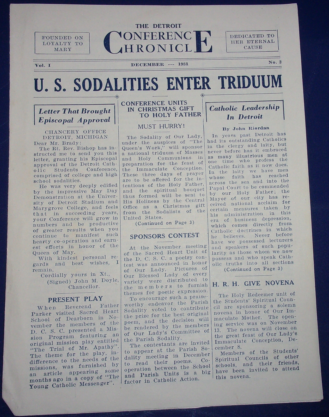 Vintage Detroit Conference Chronicle Sodalists Enter Triduum 1931 - $6.99