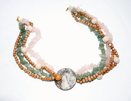 vintage chunky choker necklace green gemstone pink quartz marble - £19.38 GBP