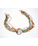 vintage chunky choker necklace green gemstone pink quartz marble - £19.54 GBP