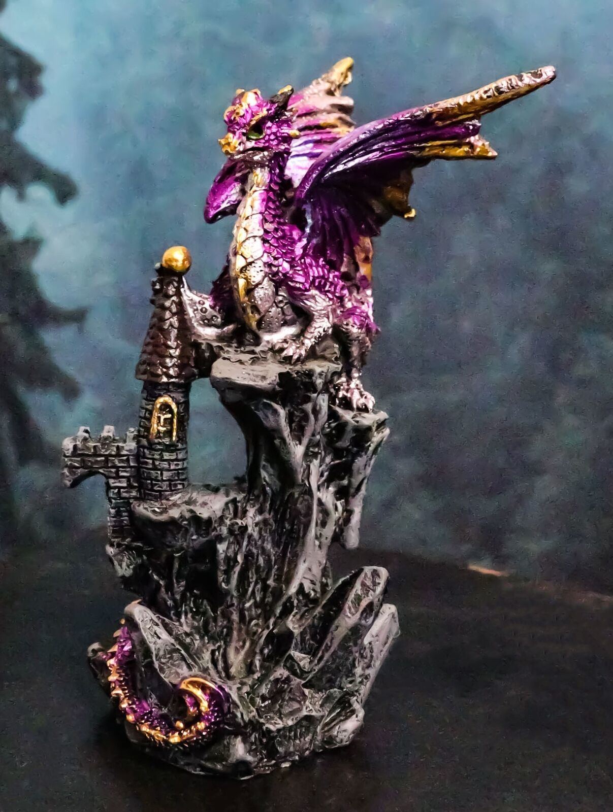 Metallic Golden Purple Dragon Guarding Castle Tower On Mountain Cliff Fi... - $17.99