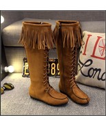 Tassel Fringe Suede Camel Faux Leather Lace Up Zip Up Tall Moccasin Trail Boots - £78.25 GBP