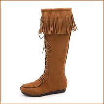 Tassel Fringe Suede Camel Faux Leather Lace Up Zip Up Tall Moccasin Trail Boots image 3