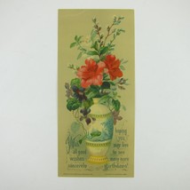 Victorian Birthday Greeting Card Flower Bouquet in Vase Red Purple Antique 1880 - £8.64 GBP