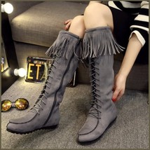Tassel Fringe Gray Suede Faux Leather Lace Up Zip Up Tall Moccasin Trail Boots