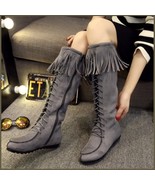 Tassel Fringe Gray Suede Faux Leather Lace Up Zip Up Tall Moccasin Trail... - £80.34 GBP