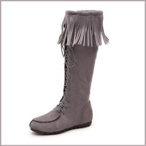 Tassel Fringe Gray Suede Faux Leather Lace Up Zip Up Tall Moccasin Trail Boots image 3