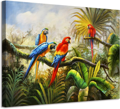 Bathroom Wall Art Parrot Painting - Tropical Macaw Colorful Pictures on Canvas A - £24.02 GBP