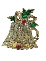 Christmas Bell Holly Garland Red Bow Brooch Winter Holidays Gold-Tone 1.5 inches - £4.77 GBP