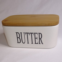 Butter Dish With Wood Lid White And Black Letters Ceramic Very Nice Butt... - $11.65