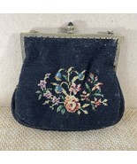 Antique Small Black Floral Needlepoint Embroidered Purse - $48.51