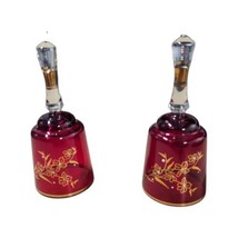 2 Luxor Bohemia A Ruckl &amp; Sons Ruby Red Lead Crystal Hand Painted Gold Trim Bell - £18.74 GBP