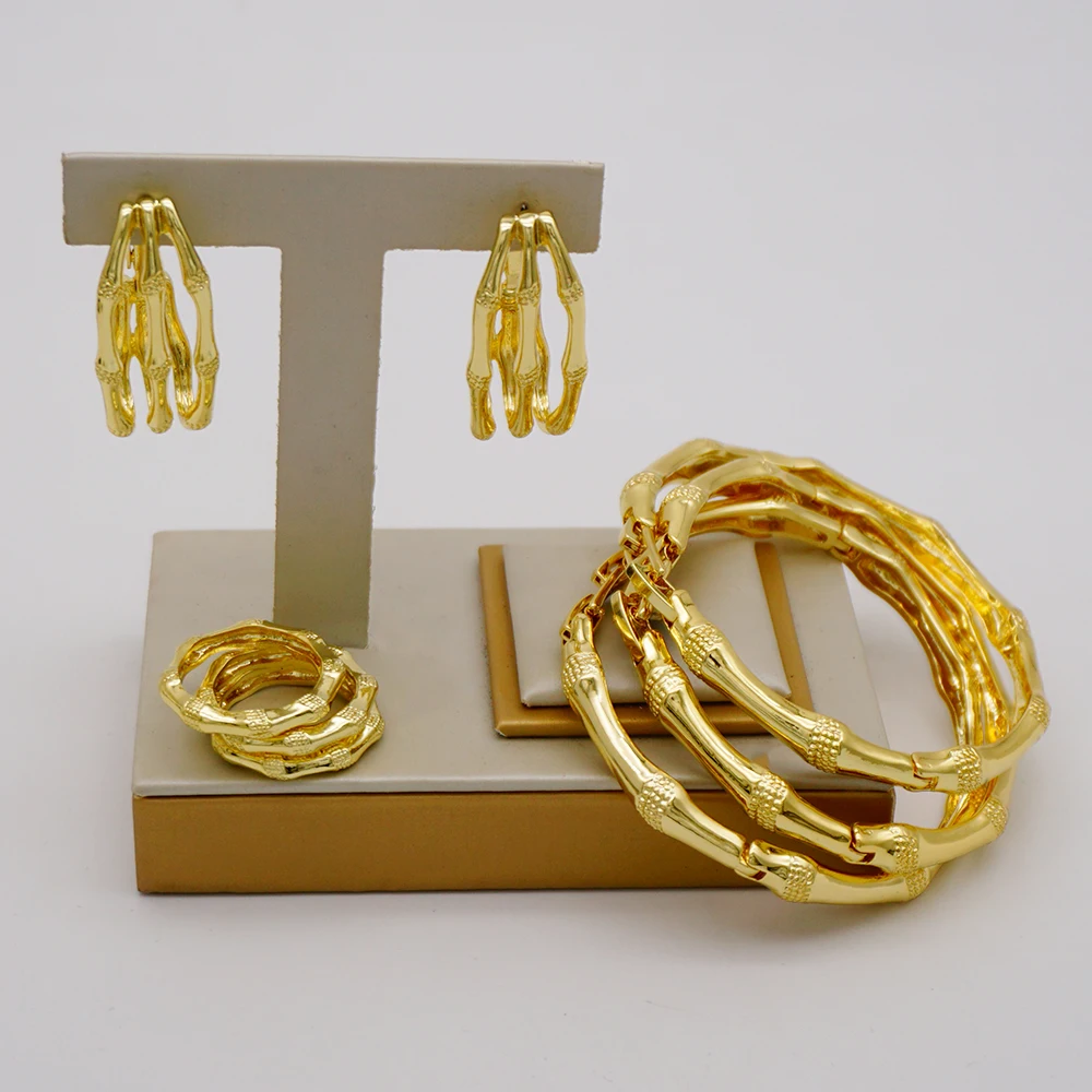 Dubai India Style Vintage 3Pcs Bangle Earrings Ring Sets Geometric Jewelry Sets  - $67.77