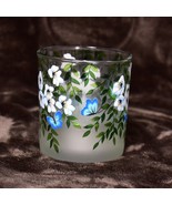 Glass Candle Cup W/Battery Light White Flowers and Blue Butterflies - €9,22 EUR