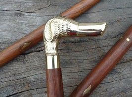 Brass Dog Head Handle Wooden Walking Stick Cane Vintage Men&#39;s Women&#39;s Cane Gift - £30.03 GBP