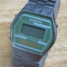 Vintage Sanyo Mens Silver Green LCD Digital Quartz Watch~For Parts Repair - £20.82 GBP