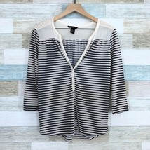 H&amp;M Striped V Neck Popover Henley Knit Top Black Beige 3/4 Sleeve Womens XS - £7.86 GBP