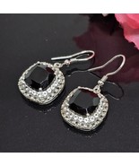 SG 925 Sterling Silver - Black Agate White Topaz Square Drop Dangle Earr... - £19.84 GBP