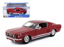 1967 Ford Mustang GT Red with White Stripes 1/24 Diecast Model Car by Ma... - £28.92 GBP