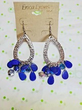 Erica Lyons Silver Tone French Wire Dangle Drop Hammered Earrings Blue Beads Sm - £11.27 GBP