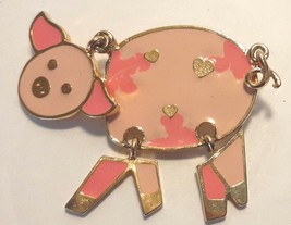 Pig Brooch Pin Gold Tone Setting Hearts Whimsical Articulated Moving Pink Body - £10.21 GBP