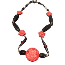Vintage Asian Carved Red Cinnabar Necklace 20” - £66.55 GBP