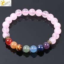 CSJA 7 Chakra Natural Stone Bracelet Pink Quartz Stone Beads Yoga Reiki Healing  - £8.63 GBP