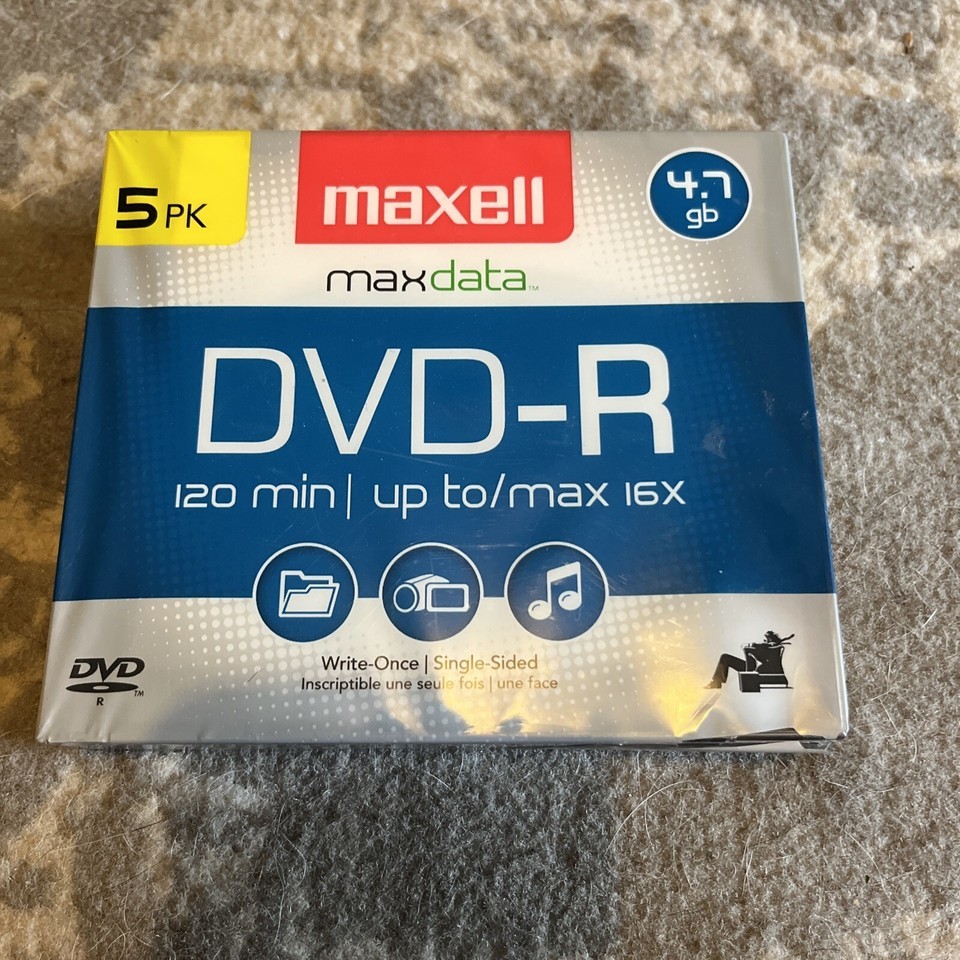 Maxell DVD-R 4.7gb discs in Jewel Cases. Factory Sealed 5 Pack New Sealed - $6.89