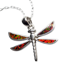 Fire Opal Dragonfly Pendant Necklace 925 Silver 20&quot; Cable Chain &amp; Boxed Jewelry - $41.01