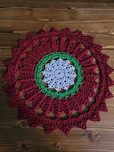 Handmade Crocheted Round Burgundy green white Doily Christmas - £17.54 GBP