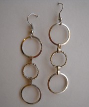 3 Ring Hoop Earrings Silver Metal Rope Chain Handmade Pierced Dangle Lightweight - £16.03 GBP