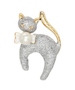 Pearl Cat Pin Lapel Collar Pin Corsage Brooch Women Men Jewelry Gift Box - £8.30 GBP