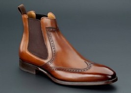 Handmade men brown wing tip brogue chelsea boot  men brown ankle dress boot thumb200