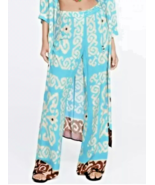 ZARA Flowing BOHO Teal Blue -Brown Print Palazzo Trousers Pants- M - $53.32 CAD