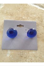 glass button gorgeous blue pierced earrings - $18.99