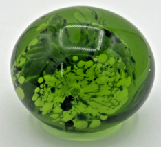 Vintage White Splash Flower Green Art Glass Paperweight  3&quot;D 2&quot;T U40 - £19.65 GBP