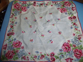 Handkerchief With Peonies in pink With Red on White Background-Vintage - $10.00