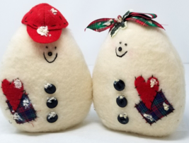 Snowman Couple Figurines Stuffed Handmade Tartan Bow Baseball Cap - £15.12 GBP