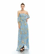 Sky Blue Floral Print Romantic Off Shoulder Maxi Dress S M or L - £34.36 GBP