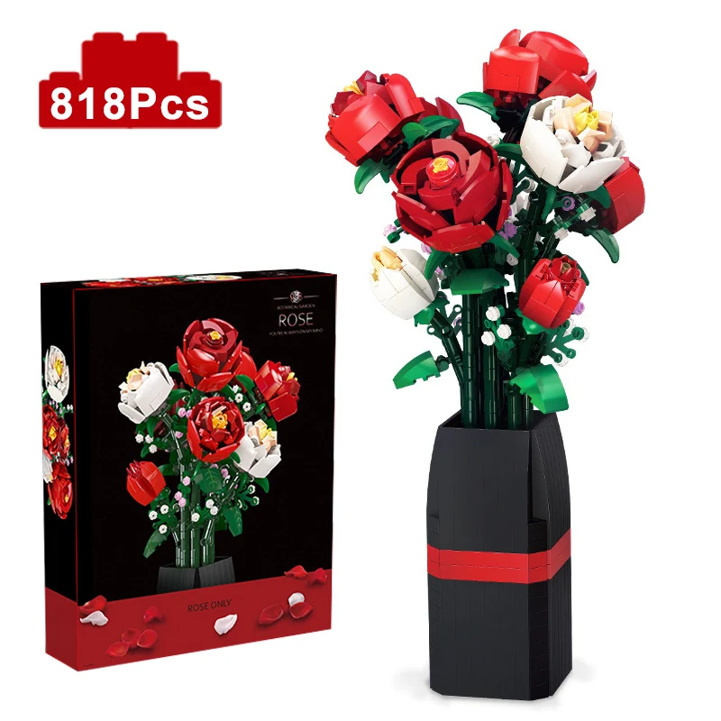 Creative Red Rose Vase Plants Model Building Blocks Moc Romantic Classic Flowers - £29.30 GBP