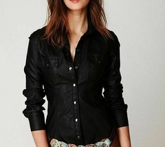 Shirt Genuine Lambskin Handmade Stylish BLACK Women Formal Casual Wear Leather - $107.71