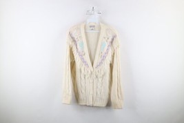 Vtg 90s Country Primitive Womens Medium Pastel Flower Fringed Cardigan Sweater - £43.48 GBP